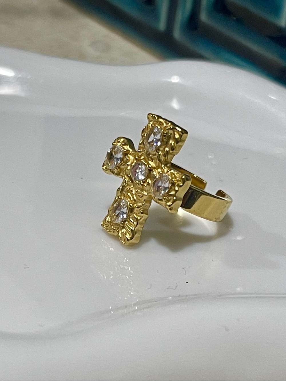 Gold Cross Ring with Clear Crystal Accents